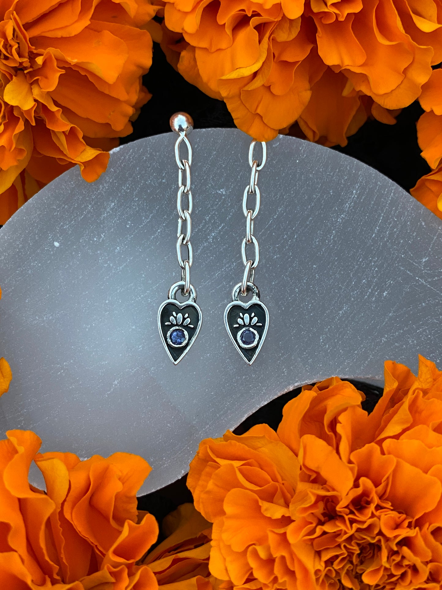 Sterling Silver Planchette Dangle Earrings with Blue Tourmalines